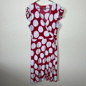 Signature by Sangria Womens Sz 12 Faux Wrap Midi Dress Red White Polka Dot